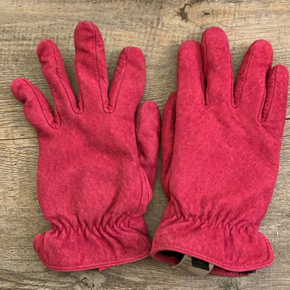 Hot Pink Fleece Leather Gloves with Elasticated Wrist